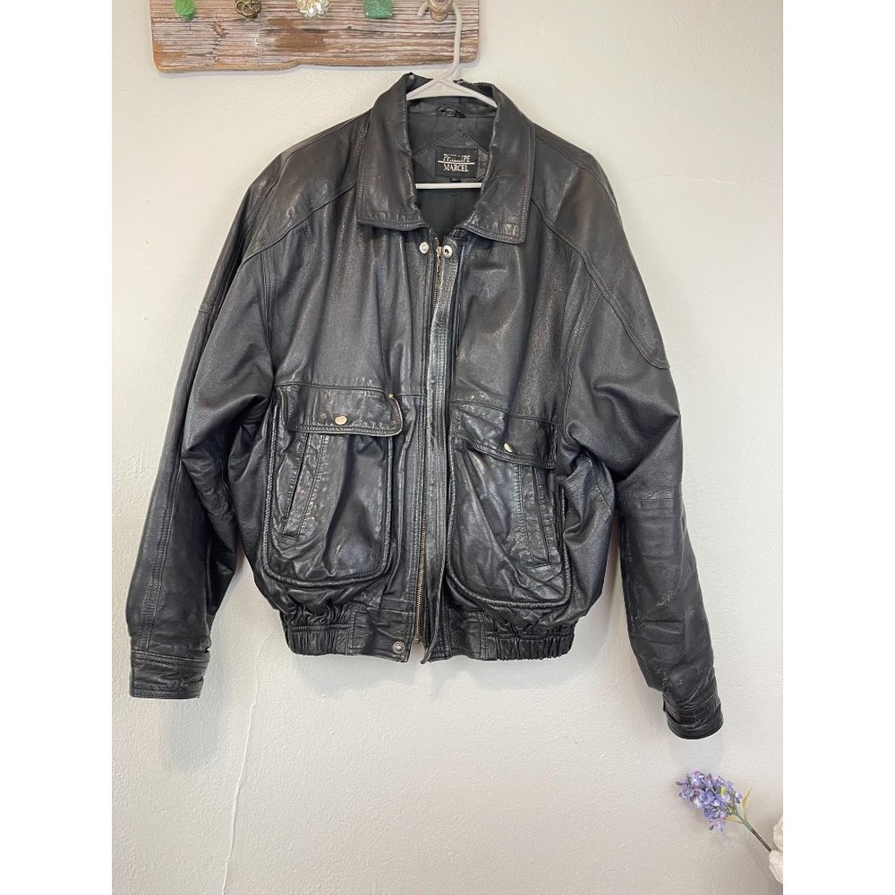 Men's Phillipe Marcel Large Black Leather Coat Zip